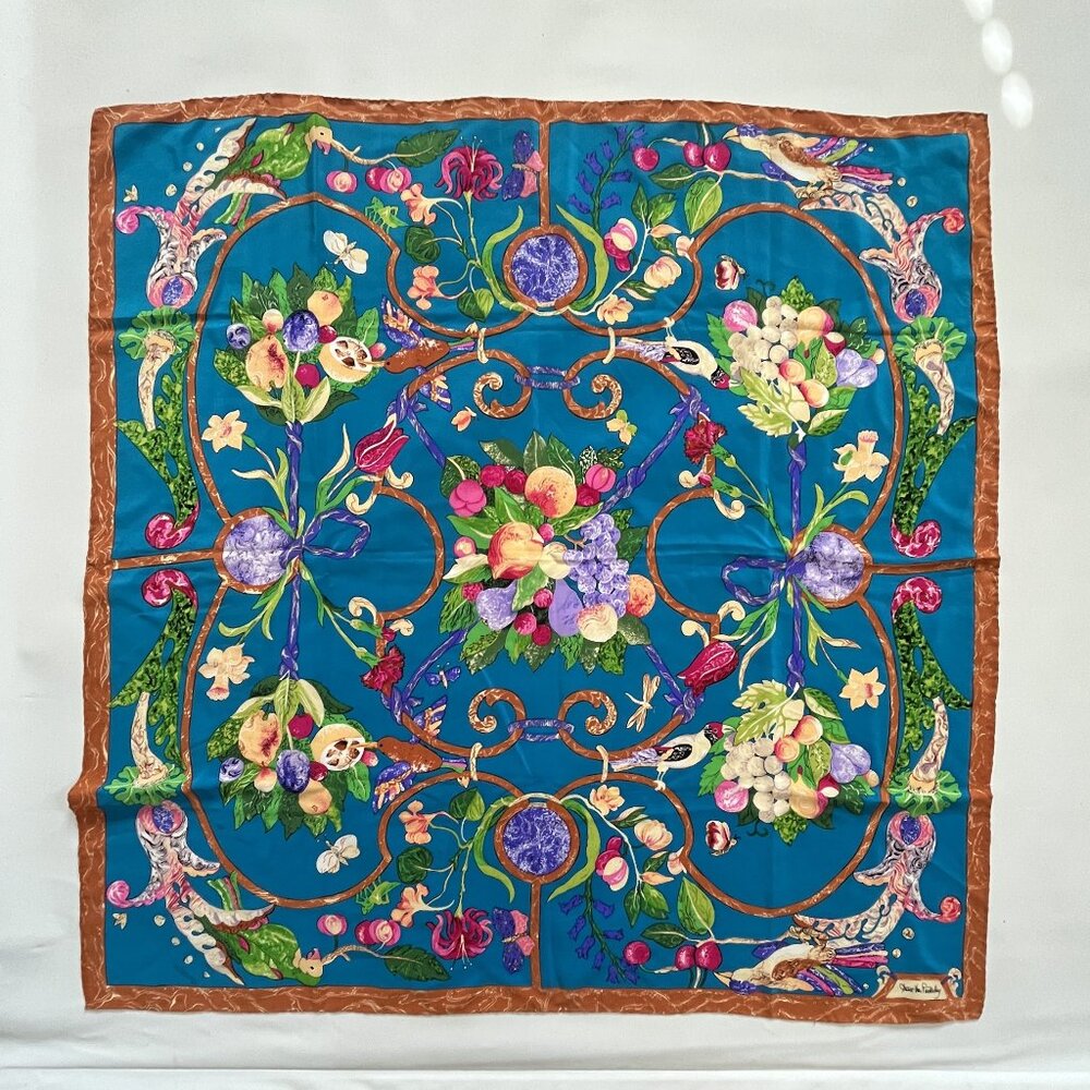 Vintage DIANE VON FURSTENBERG Fruit, Flowers, Birds Multicolor Square Silk Scarf